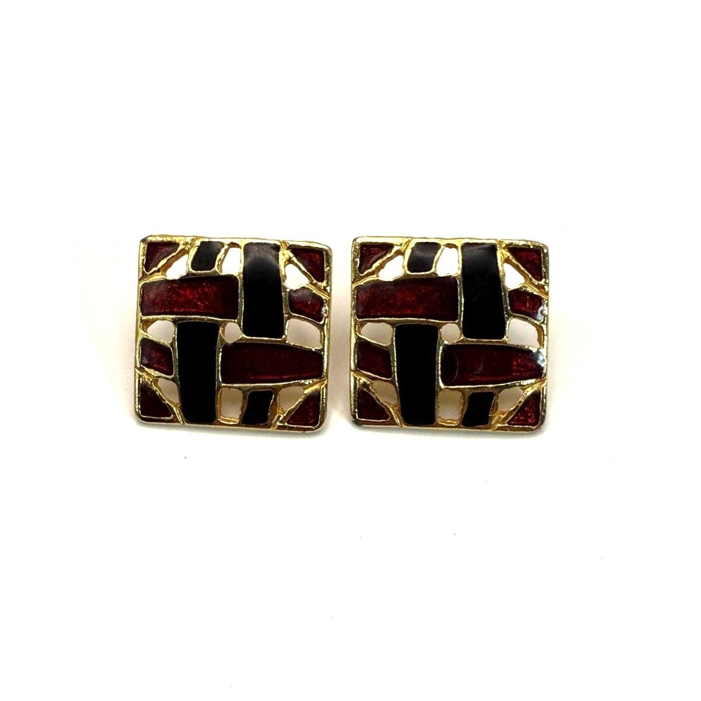 Vintage Square Mosaic Stud Earrings Gold Tone – Retro Statement‎ Jewelry